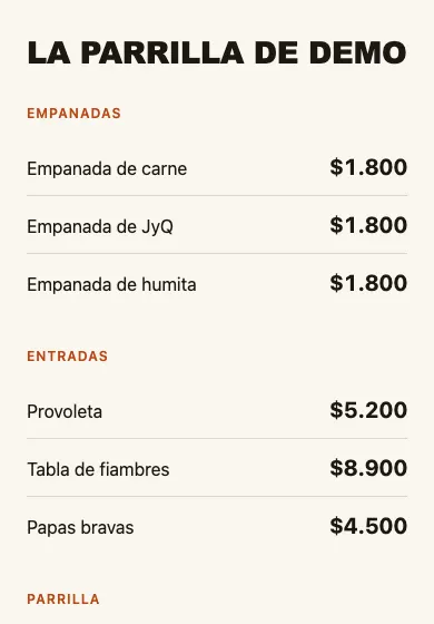 La carta pública de un local de prueba en el celular: empanadas y entradas con sus precios.